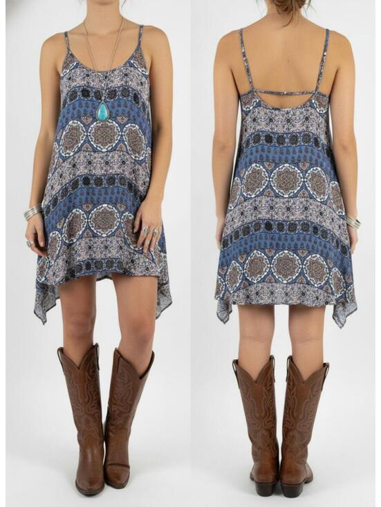 Free People Dresses & Skirts - Free People Boho Medallion Print Blue Patchwork Slip Dress Strappy Size Medium